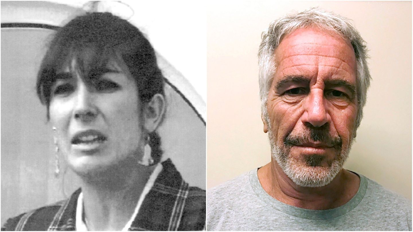 Links ist ein Portrait von Maxwell Ghislaine zu sehen, recht ein Foto von Epstein Links ist ein Portrait von Maxwell Ghislaine zu sehen, recht ein Foto von Epstein