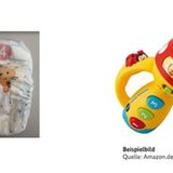 Das Foto zeigt eine Windel der DM-Eigenmarke Babylove mit Tigermotiv und eine Taschenlampe der Marke Vteck