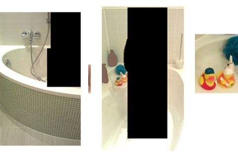 Ein Foto zeigt eine Eckbadewanne mit Fließen im Mosaik-Stil, die einen leicht abgesenkten Sitzbereich hat