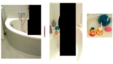 Ein Foto zeigt eine Eckbadewanne mit Fließen im Mosaik-Stil, die einen leicht abgesenkten Sitzbereich hat