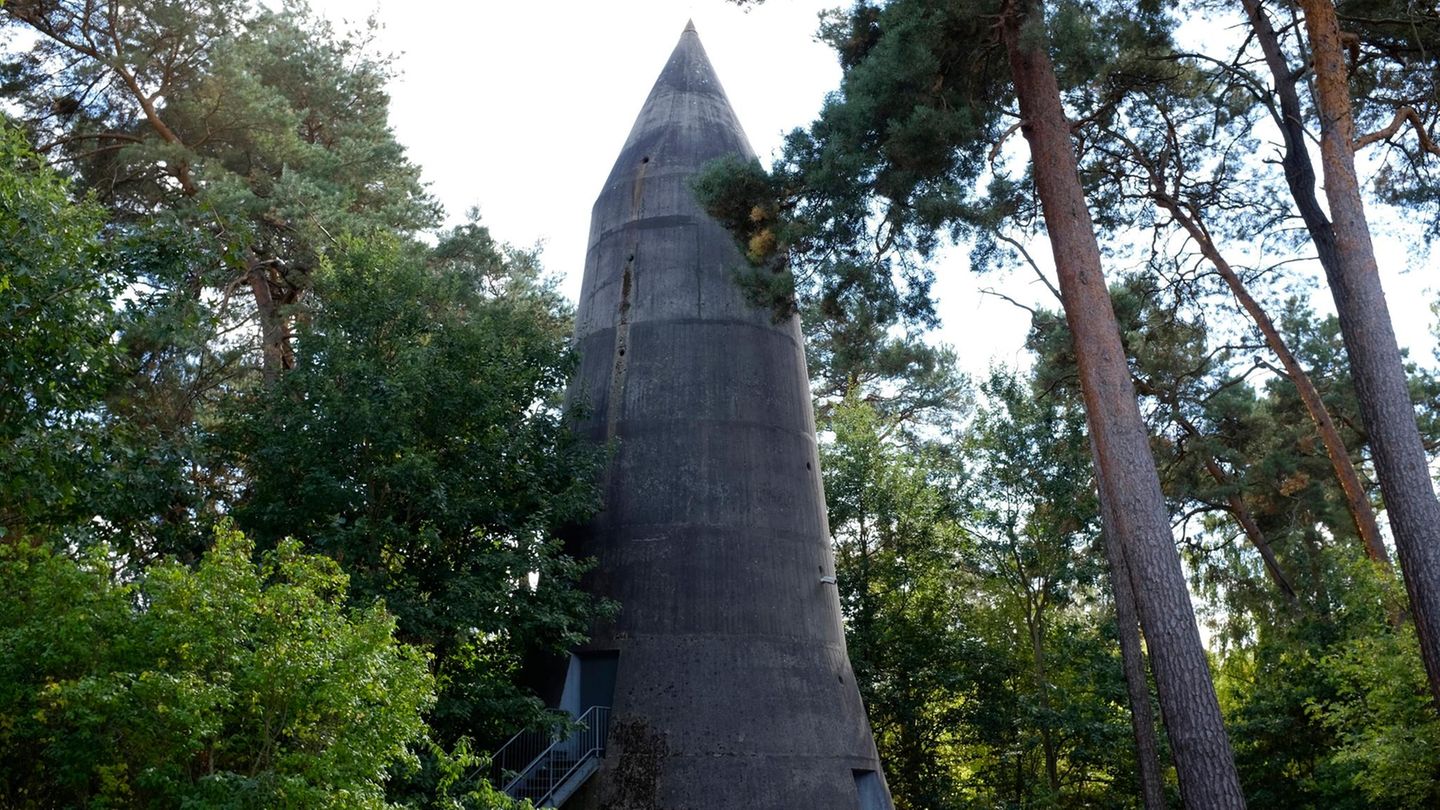 Ein Hochbunker umzingelt von Bäumen