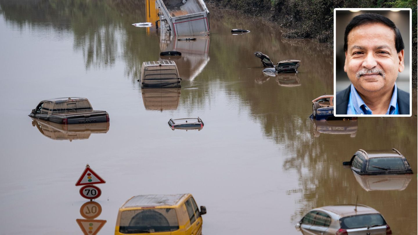 Überflutete Autobahn bei Erftstadt mit Klimaforscher Saleemul Huq (kleines Foto) Überflutete Autobahn bei Erftstadt mit Klimaforscher Saleemul Huq (kleines Foto)