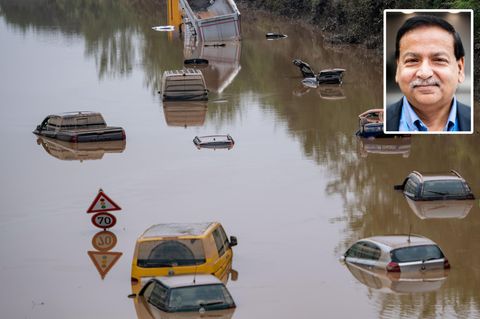 Überflutete Autobahn bei Erftstadt mit Klimaforscher Saleemul Huq (kleines Foto)