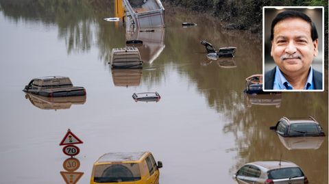 Überflutete Autobahn bei Erftstadt mit Klimaforscher Saleemul Huq (kleines Foto)