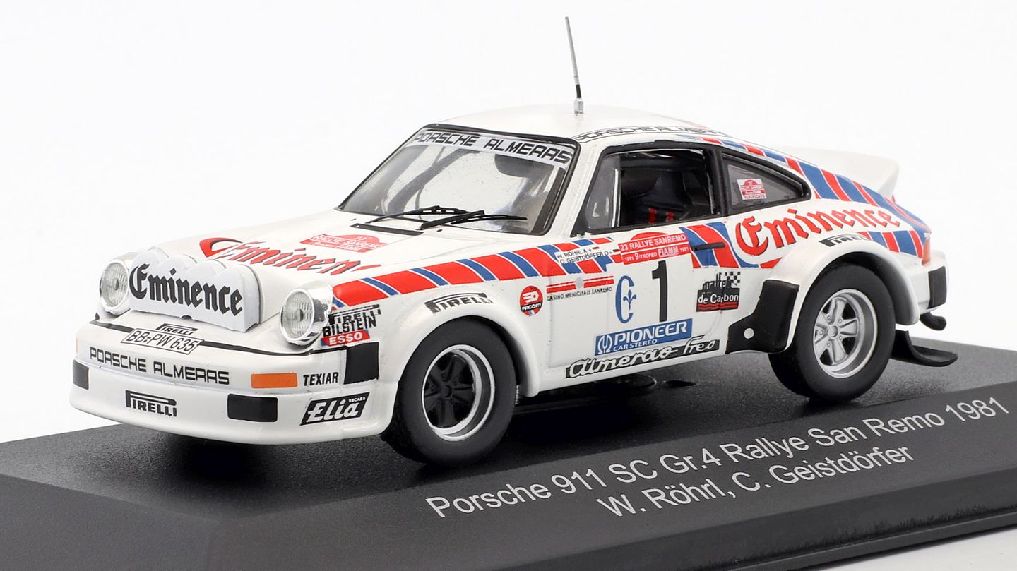 Sieger Kategorie D  Sammeln: 1:43 Großserie Klassik  `81 Porsche 911 SC „San Remo“ Röhrl/Geistdörfer  Ixo für CMR, Preis: 29,95 Euro