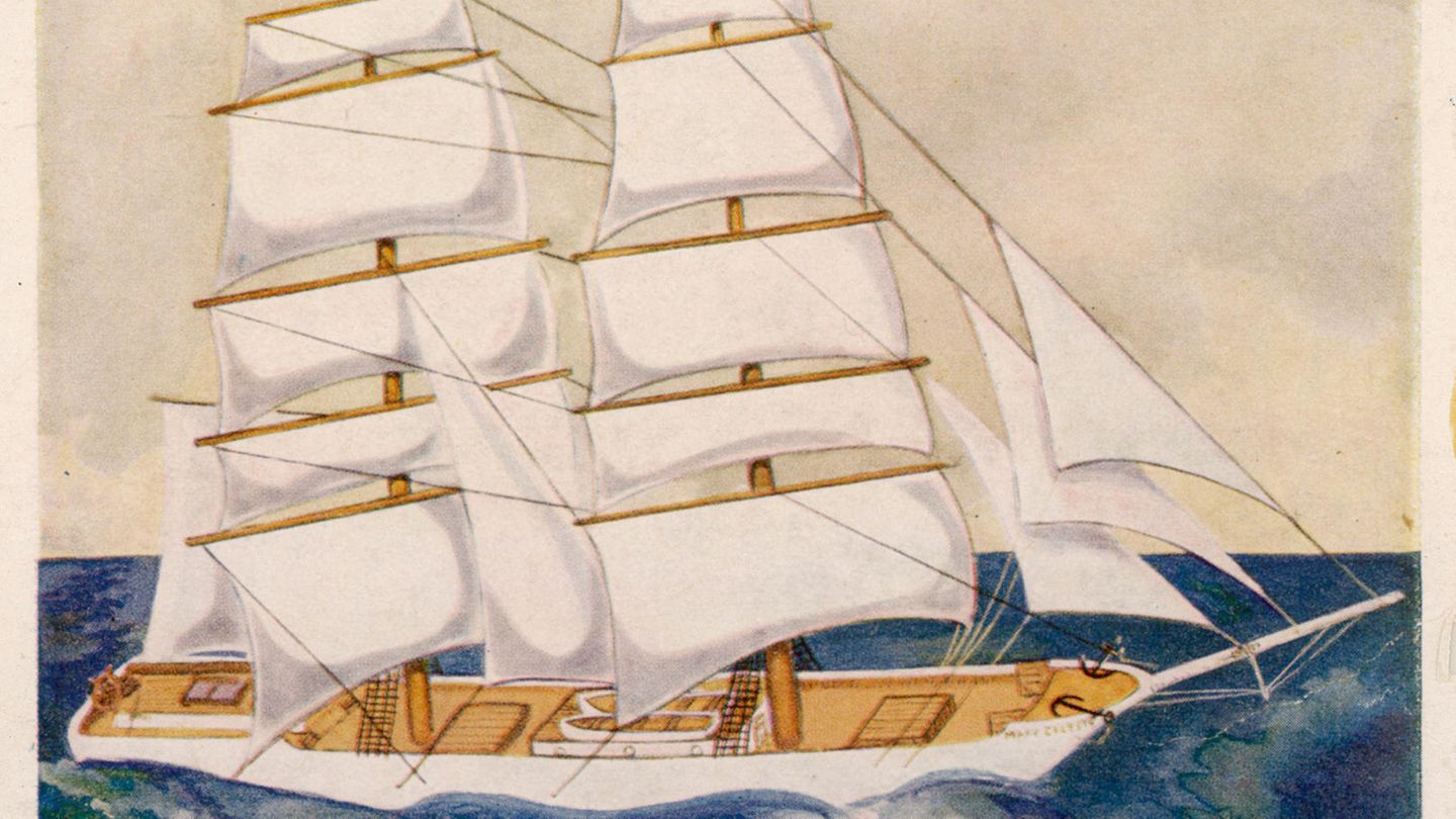 Ein buntes Gemälde eines Segelschiffs