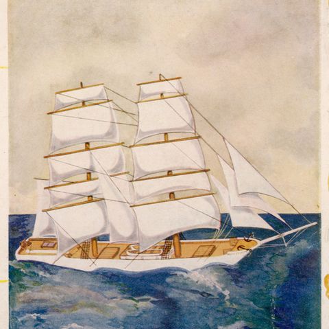 Ein buntes Gemälde eines Segelschiffs