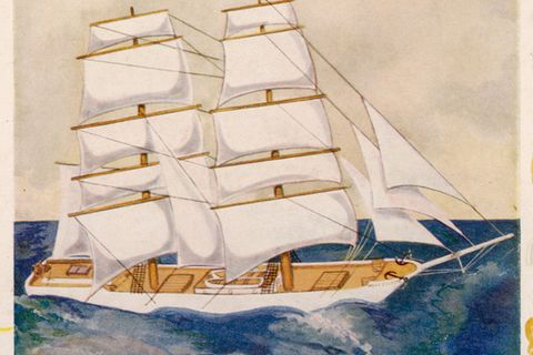 Ein buntes Gemälde eines Segelschiffs