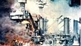 Die "USS West Virginia" steht lichterloh in Flammen. An Bord sind noch Menschen zu erkennen.