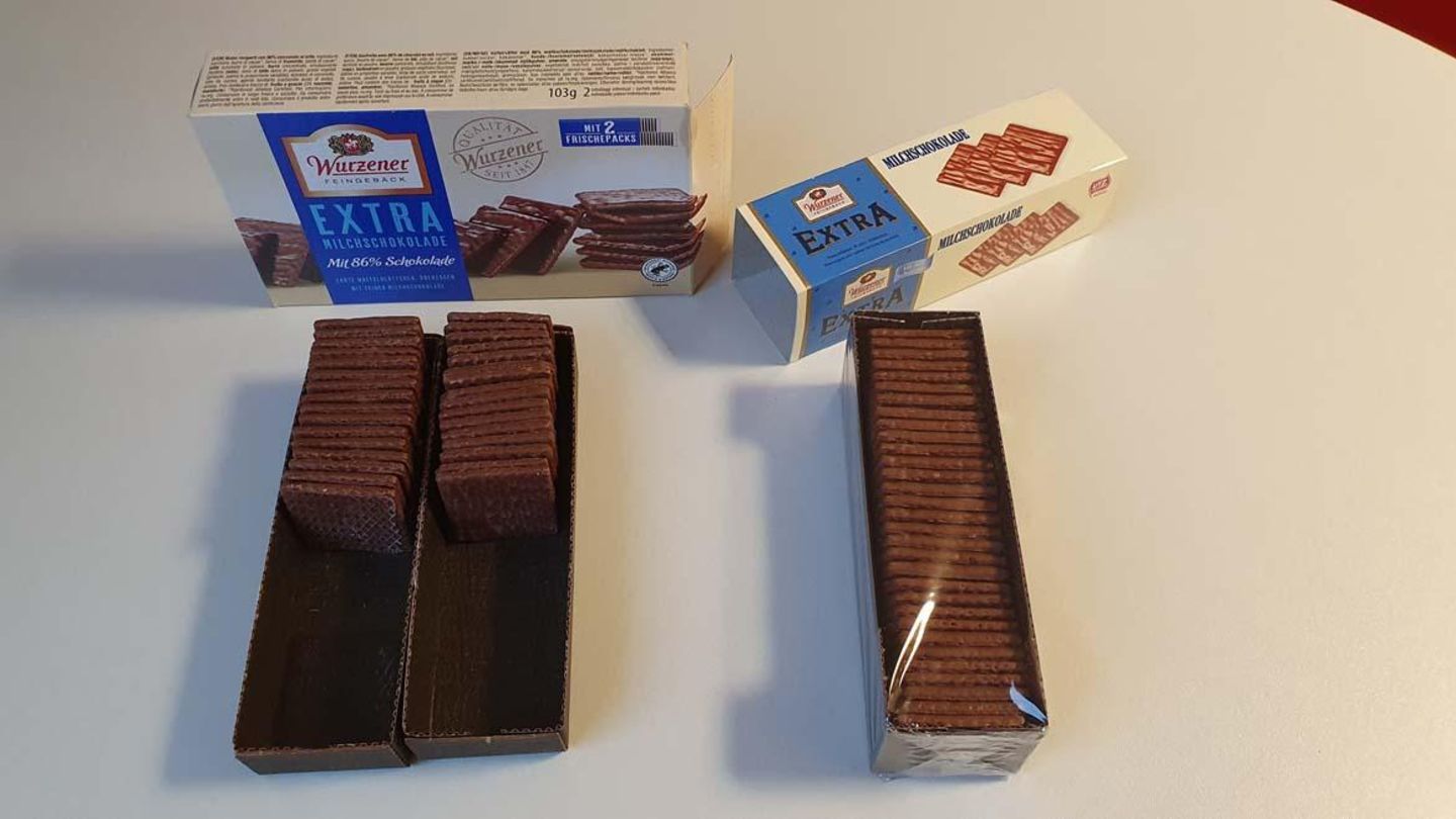 Kandidat 5: Wurzener Waffel-Bättchen von Griesson - de Beukelaer Die neue Verpackung der Wurzener Waffel-Blättchen (links) bewertet die Verbraucherzentrale Hamburg sowohl als Mogelpackung als auch als Umweltsünde. Sie ist deutlich größer geworden und verwendet nun zwei Plastikbehältnisse statt einem - obwohl der Inhalt praktisch gleich geblieben ist. Aus 100 Gramm wurden 103 Gramm. Deutlicher stieg dagegen der Preis im Handel: von 0,99 Euro auf 1,29 Euro. (Oktober 2021)