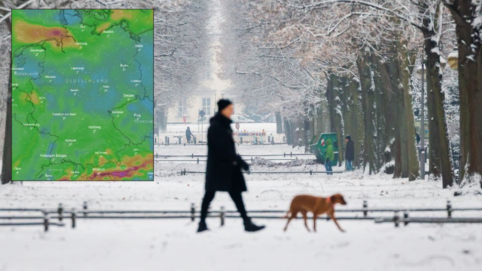 Symbolfoto für Wetter in Deutschland: Ein Spaziergänger mit Hund geht bei Schnee durch den Tiergarten