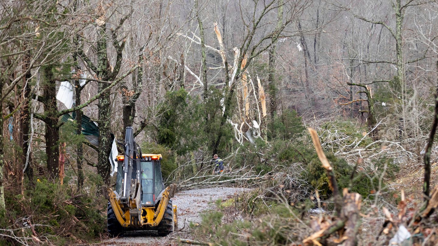 In der Kleinstadt Campbellsville räumen Arbeiter mit Hilfe eines Baggers abgeknickte Bäume von einem Weg