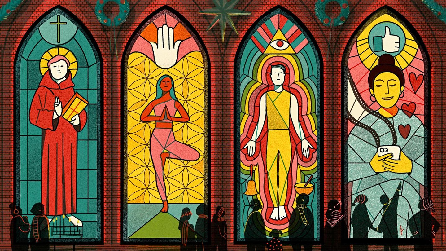 Illustration zum Thema "Was gibt uns heute Halt?" Illustration großer bunter Kirchenfenster, die von Menschen betrachtet werden