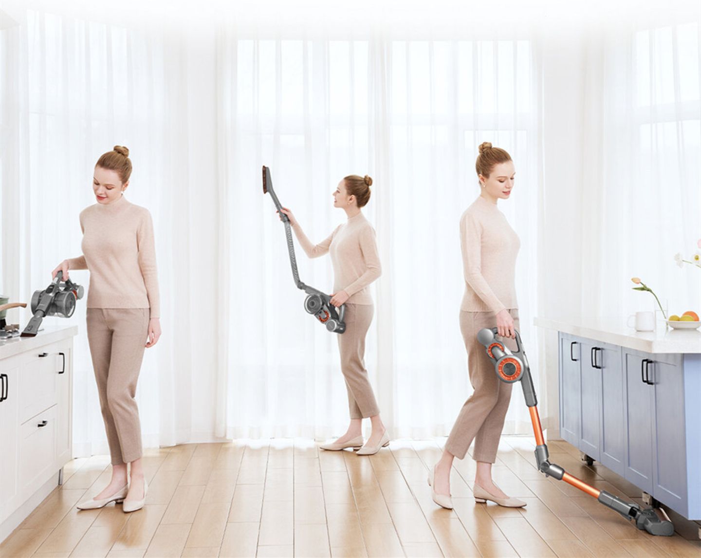 Das Knickgelenk im Rohr macht es leicht unter Couch und Schränke zu kommen.