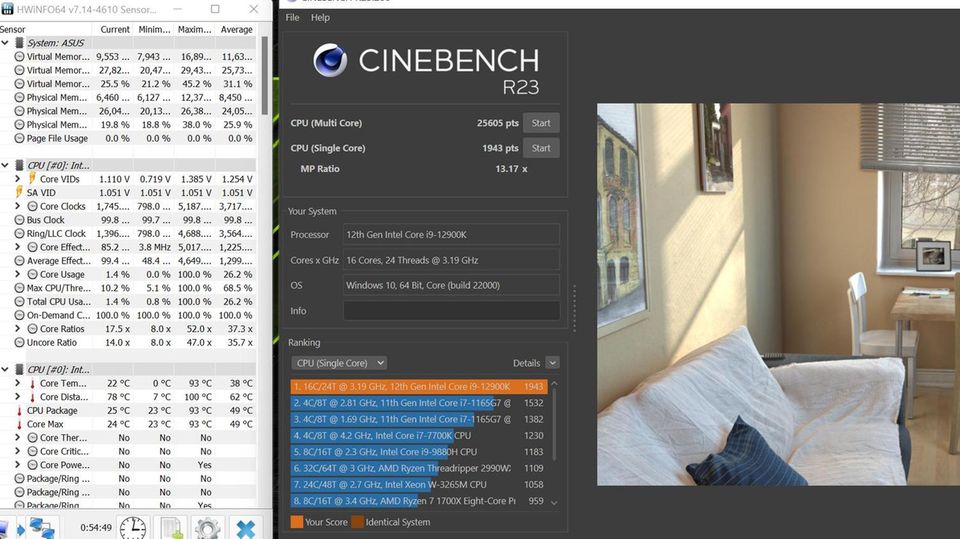 Intel Core i9 12900K im Test Der Intel Core i9 12900K durchläuft den Single-Core-Modus von Cinebench R23.