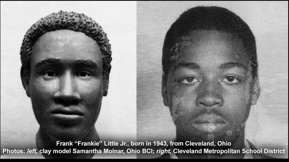 Das Bild links zeigt ein Tonmodel, das das Aussehen des 1982 entdeckten Toten zeigen sollte. Rechts ein Foto des jungen Frank Little.
