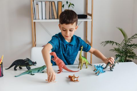 Ein Junge spielt mit Dinosauriern