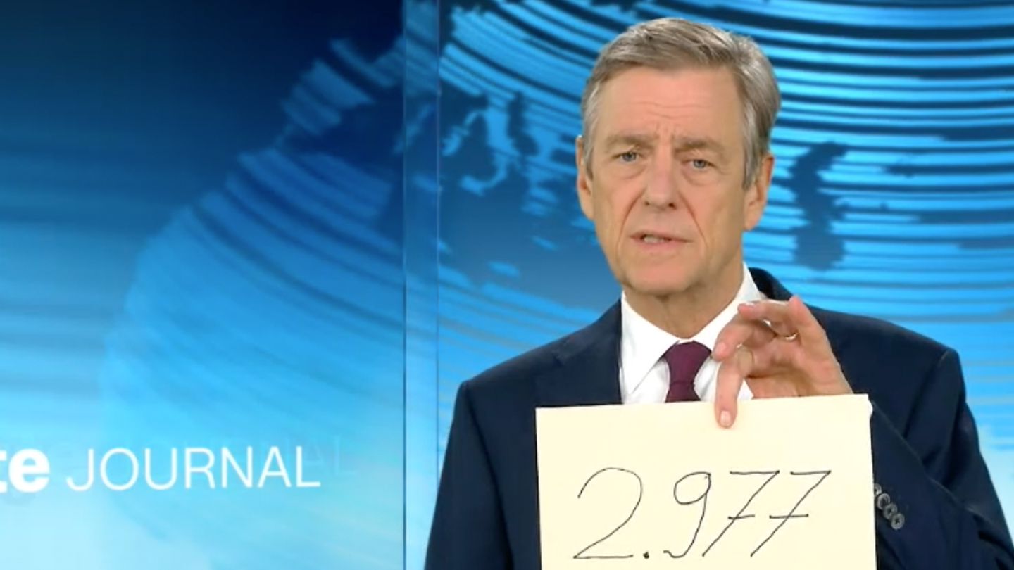 An elderly white man in a suit holds a slip of paper with the number 2977 on the camera