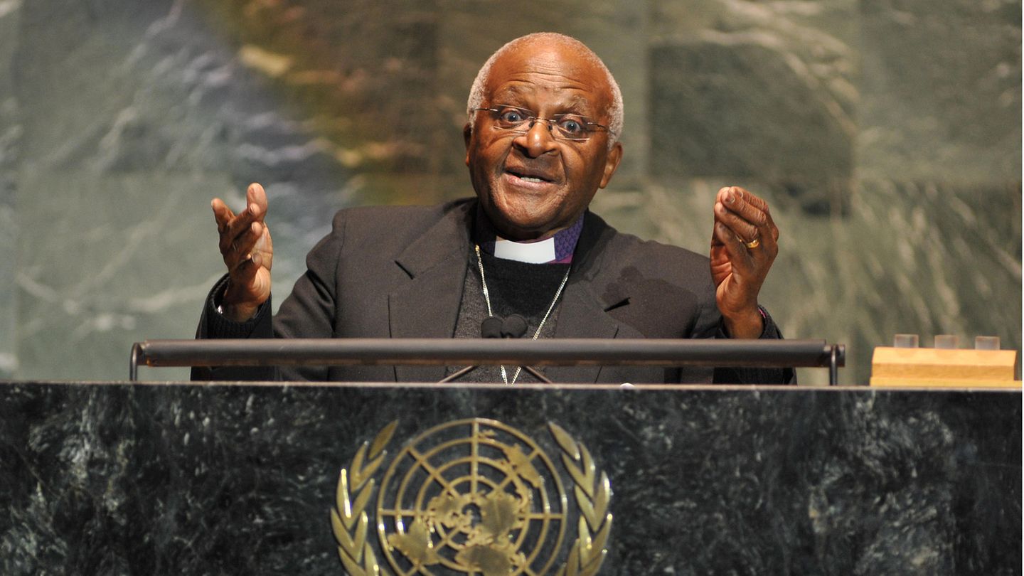 Desmond Tutu im Jahr 2009 während einer Rede bei den Vereinten Nationen in New York