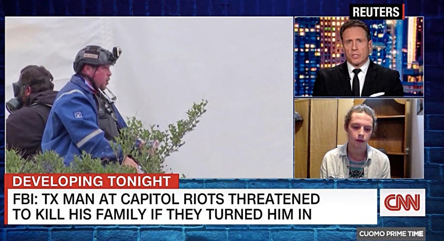 CNN Interview Jackson Reffitt, 15.3.21Öhttps://edition.cnn.com/2021/03/15/politics/capitol-riot-family-divide-guy-reffitt/index.html Muss mit der Bildtechnik geklärt werden, ob Videostandbilder für Veröffentlichung ausreichen könnten CNN interviewt Jackson und zeigt dazu Vater Guy am Kapitol