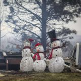 Schneemänner stehen neben den Überresten eines Hauses