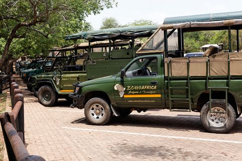 Safari-Fahrzeuge auf einem Parkplatz im Camp Skukuza, Krüger Nationalpark, Südafrika.