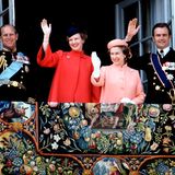 Königin Margrethe (2. v.l.) und Queen Elizabeth II. (2. v.r.) auf dem Balkon von Schloss Amalienborg mit ihren Ehemännern