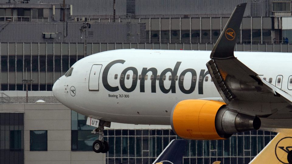 Ein weißes Passagierflugzeug mit dunkelblauem "Condor"-Scchriftzug und orange-gelben Triebwerken landet auf einem Flughafen