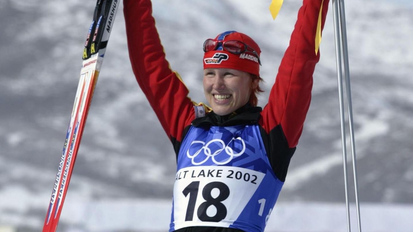 13 Feb 2002: Kati Wilhelm of Germany celebrates winning the gold medal  in the women&apos;s 7.5km biathlon sprint during the Salt Lake City Winter Olympic Games at Soldier&apos;s Hollow in Heber City, Utah. DIGITAL IMAGE. Mandatory Credit:  Clive Mason/...