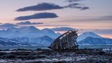 Reste eines hölzernen Fischkutters in einem einsamen Fjord auf Island