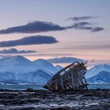 Reste eines hölzernen Fischkutters in einem einsamen Fjord auf Island