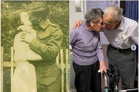 Joyce und Ron Bond im Jahr 1941 und heute. Sie feierten dieses Jahr 81. Hochzeitstag.