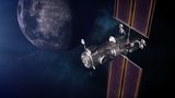 Die Mond-Orbitstation Gateway vor der Mondkugel