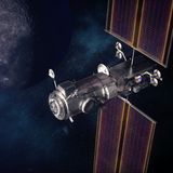 Die Mond-Orbitstation Gateway vor der Mondkugel