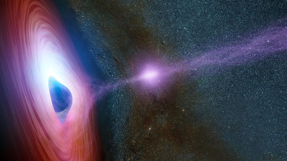 Die größten Schwarzen Löcher (hier eine Simulation) ziehen derart gewaltige Mengen von Materie aus dem Kosmos an, dass die sich in einer rotierenden Scheibe und einer extrem heißen Zone, der Korona (Bildmitte) verdichtet