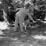 Ein Mann mit Hund zeigt auf die Stelle, an der er Rita Waltersbacher fand