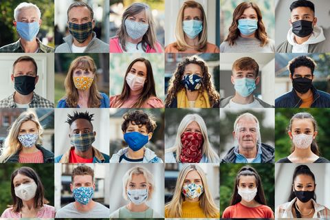 Eine Collage aus Portraitfotos von Menschen mit Maske
