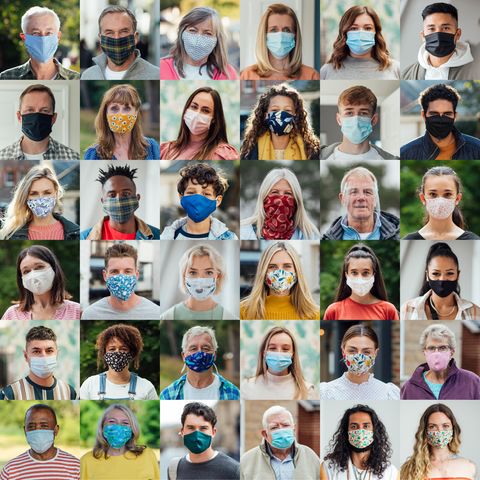 Eine Collage aus Portraitfotos von Menschen mit Maske