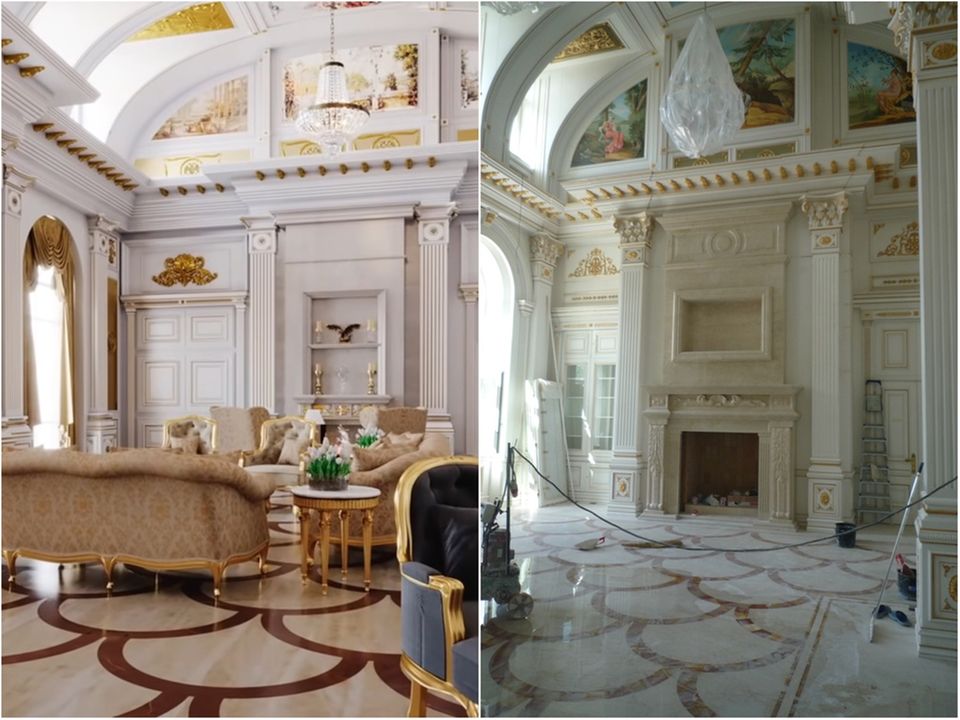 Links im Bild die Computer-Grafik des Nawalny-Teams, rechts eine Fotoaufnahme: Die Rekonstruktion des sogenannten Lesezimmers entspricht dem Original fast eins zu eins. 