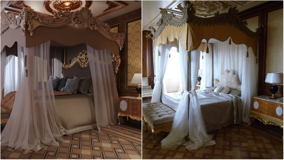 Bau der Superlative: Das Hauptschlafzimmer des Palasts: links die Computer-Rekonstruktion, rechts eine Fotoaufnahme Das Hauptschlafzimmer des Palasts: links die Computer-Rekonstruktion, rechts eine Fotoaufnahme