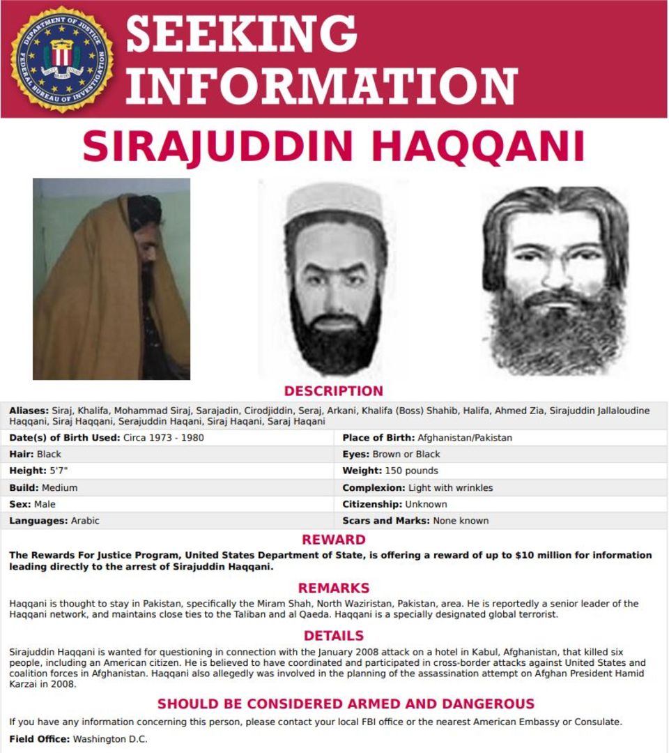 Mit diesem Plakat sucht das FBI in den USA nach Informationen über Sirajuddin Haqqani Mit diesem Plakat sucht das FBI in den USA nach Informationen über Sirajuddin Haqqani