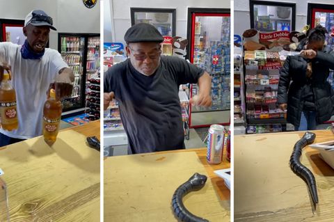 Kunden im Supermarkt erschrecken sich vor Gummi-Schlange