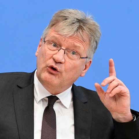 Der langjährige AfD-Vorsitzende Jörg Meuthen zieht ein Gesicht vor dem AfD Logo