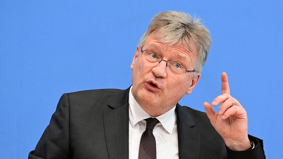 Der langjährige AfD-Vorsitzende Jörg Meuthen zieht ein Gesicht vor dem AfD Logo