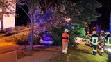 Stahnsdorf in Brandenburg: Feuerwehrleute stehen an einem umgestürzten Baum, der auf ein parkendes Auto gefallen ist