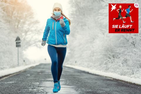 Corona und Sport: Läuferin mit Maske auf einer verschneiten Straße