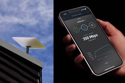 Starlinks Premium-Satellitenschüssel und ein Smartphone mit der aktuellen Geschwindigkeit