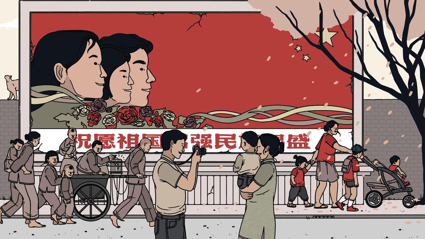 Illustration, die chinesische Familienideale aus drei Generationen zeigt