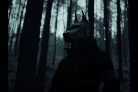 Ein Musiker mit Tiermaske im Wald