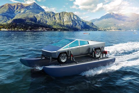 Der Tesla Cybertruck auf einem Bootsgestell auf dem Meer